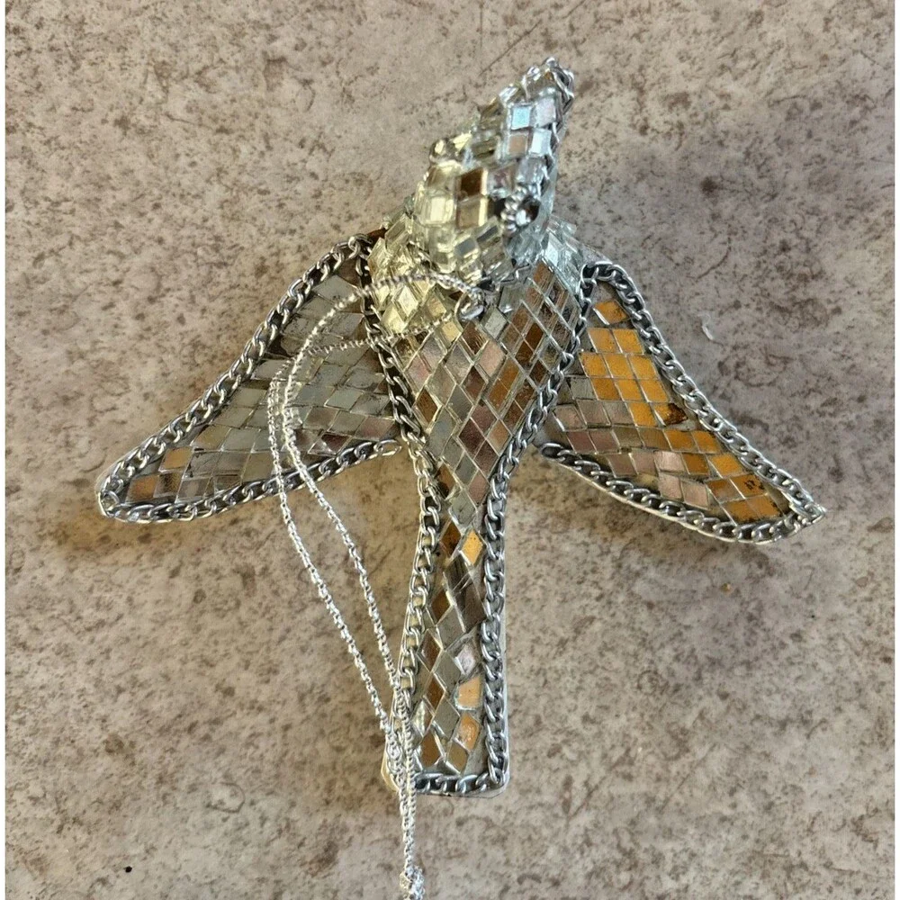 Vtg Mirror Dove Christmas Tree Ornaments Mosaic Bird Disco Silver Filigree Boot
